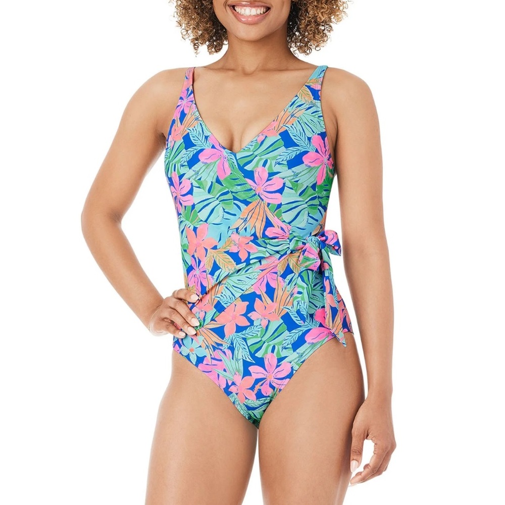 Floral One-Piece Swimsuit - Pink and Blue